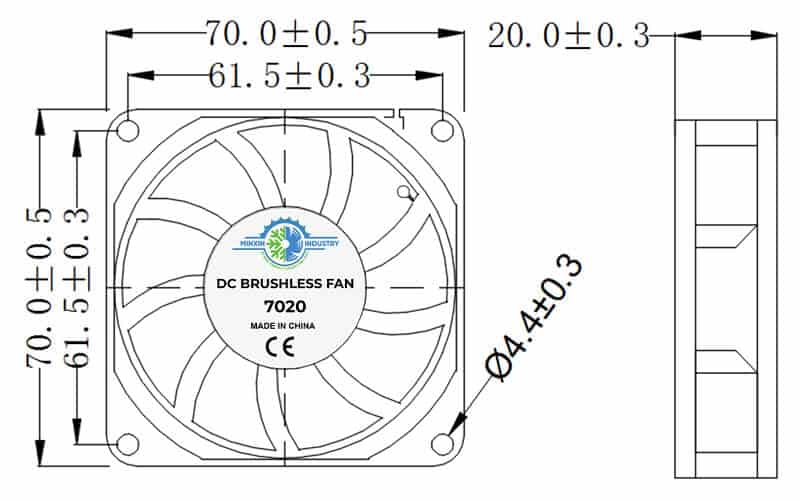7020A cooling fan dimension drawing