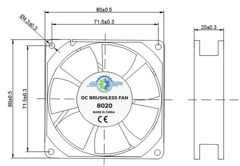 8020A cooling fan dimension drawing