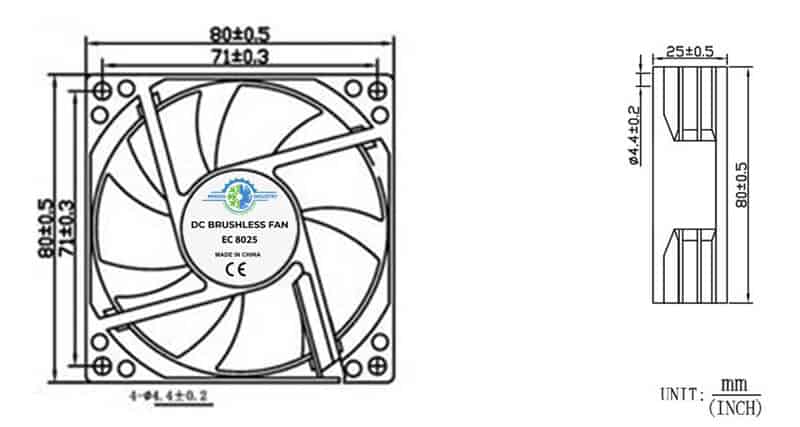EC 8025 cooling fan dimension drawing