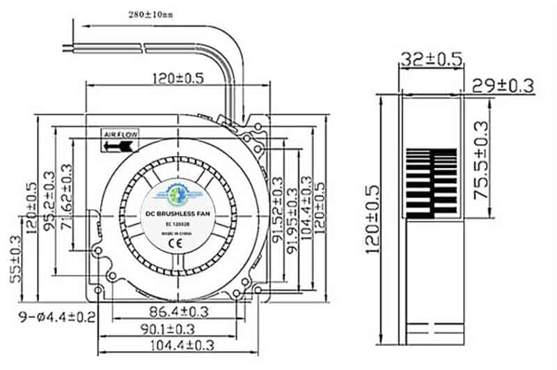 EC12032B cooling fan dimension drawing