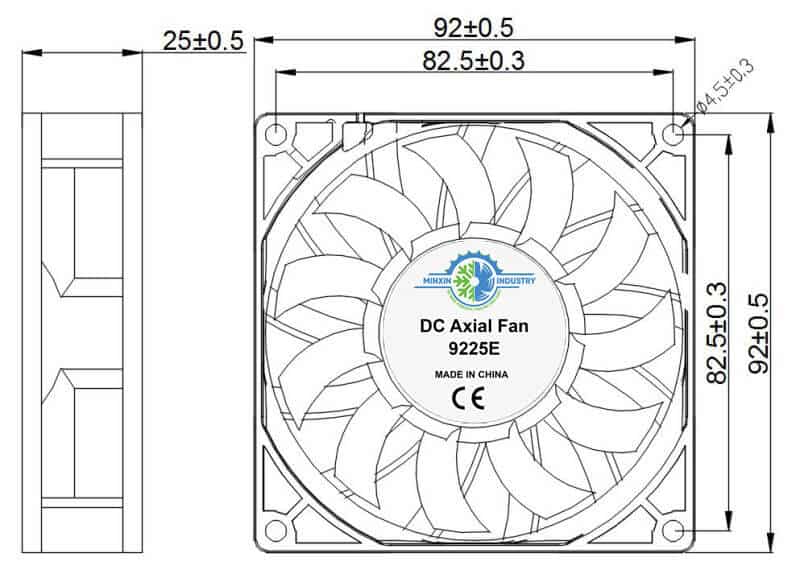 9225E cooling fan dimension drawing