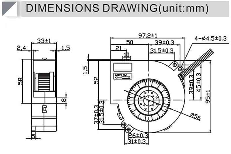 B9733R cooling fan dimension drawing